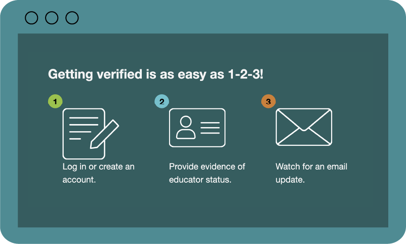Browser that says getting verified is as easy as 1-2-3! Step 1: Log in or create an account. Step 2: Provide evidence of educator status. Step 3: Watch for an email update.